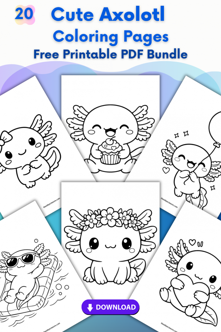 cute axolotl coloring pages printable PDF bundle with kawaii axolotl designs for kids and adults