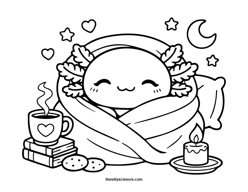 Cute axolotl cozy tea time coloring page.