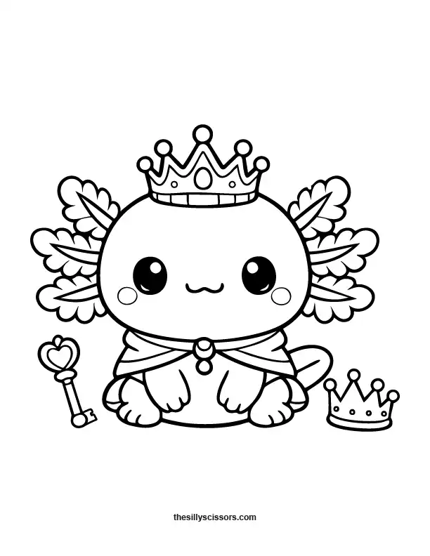 Cute axolotl wearing crown coloring page.