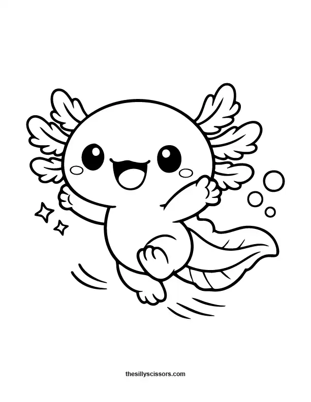 Cute axolotl dancing coloring page.