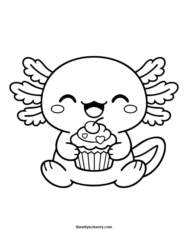 Cute axolotl eating cupcake coloring page.