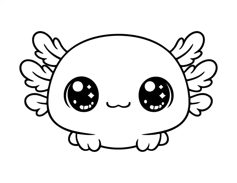 Cute axolotl face with big eyes coloring page.