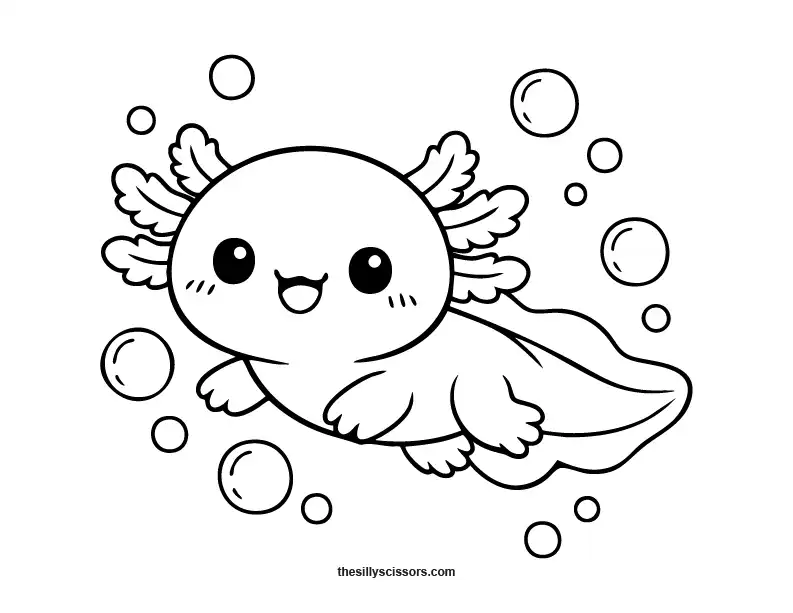 Cute axolotl floating with bubbles coloring page.