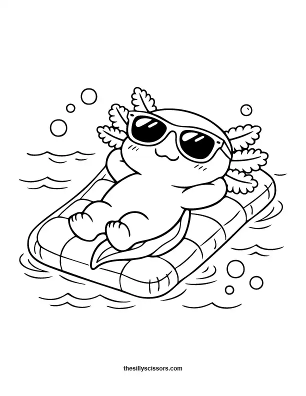 Cute axolotl floating on mattress coloring page.