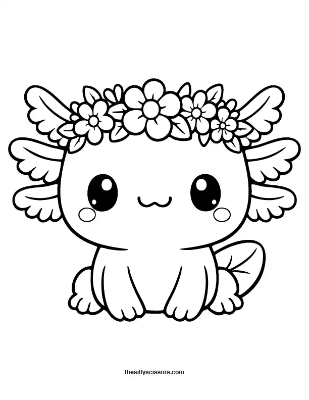 Cute axolotl wearing flower crown coloring page.