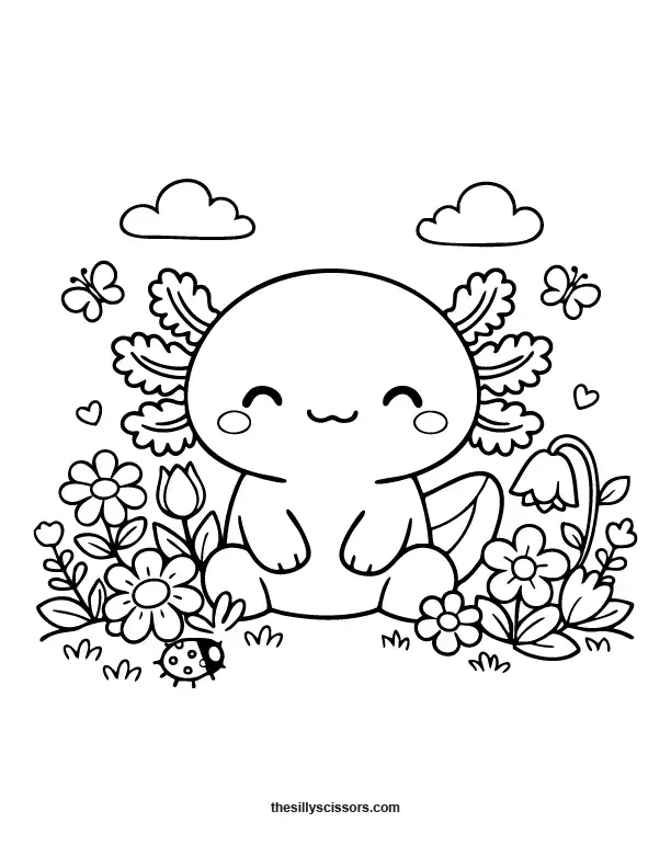 Cute axolotl in flower garden coloring page.