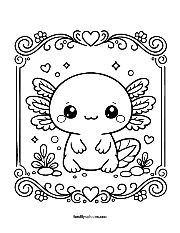 Cute axolotl with decorative frame coloring page.