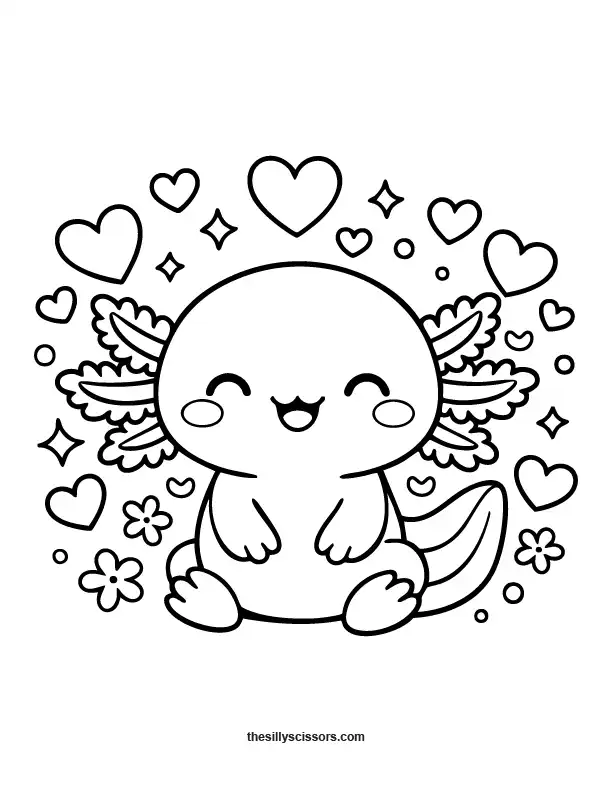 Cute axolotl surrounded by hearts coloring page.