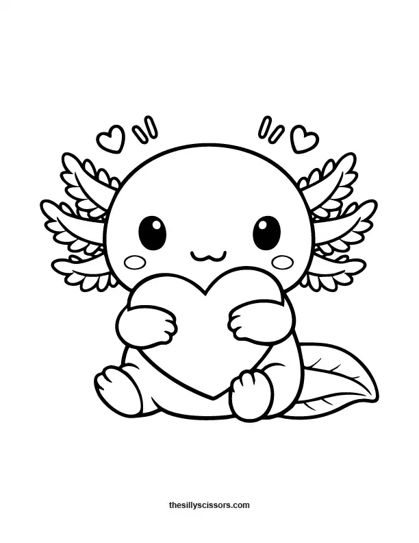 Cute axolotl hugging a heart coloring page.