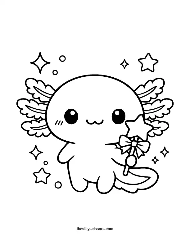 Cute axolotl holding a magic wand coloring page.