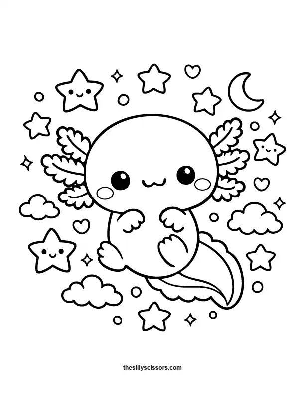 Cute axolotl with moon and stars coloring page.