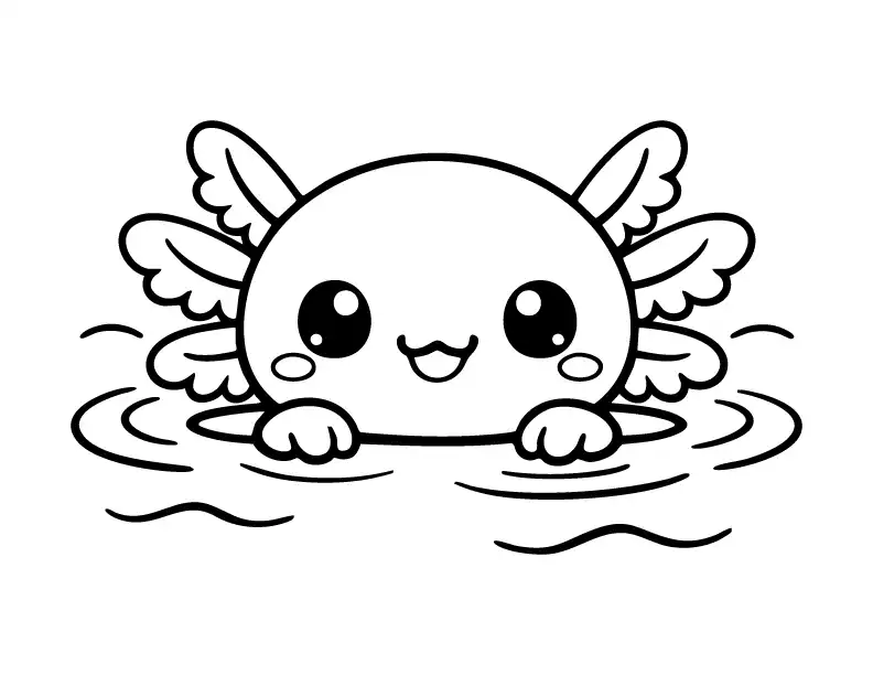 Cute axolotl peeking out of water coloring page.