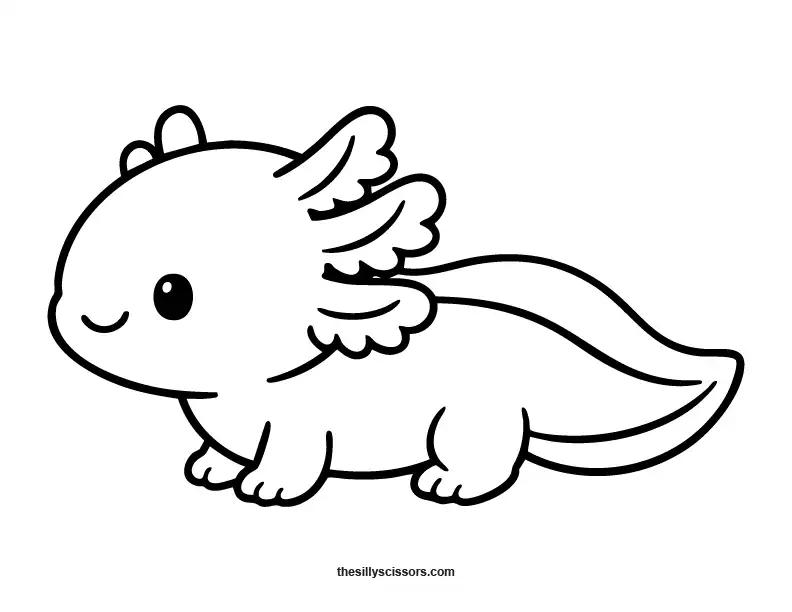 Cute axolotl side view walking coloring page.