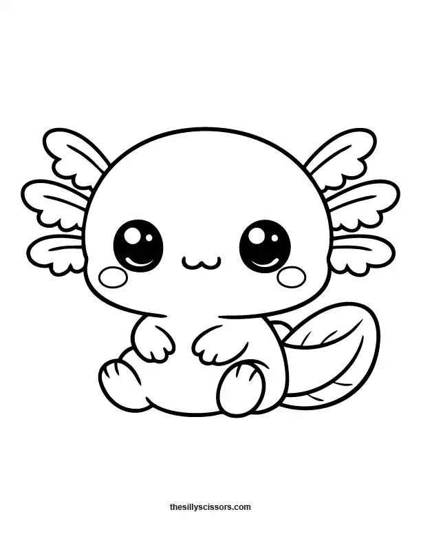 Cute axolotl sitting and smiling coloring page.