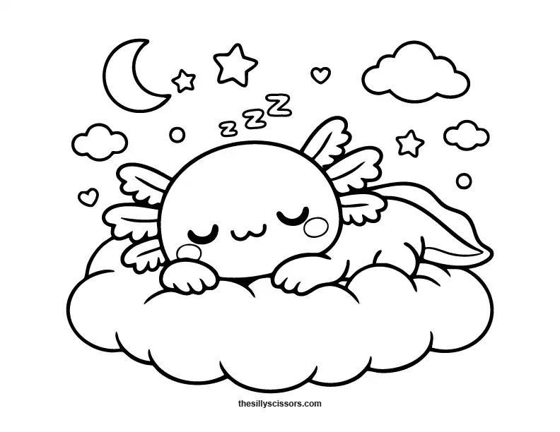 Cute axolotl sleeping on cloud coloring page.