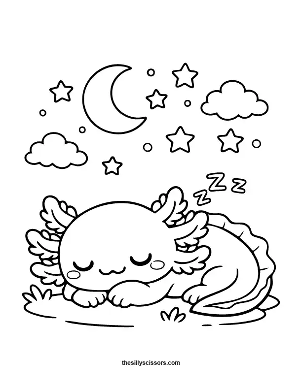 Cute axolotl sleeping on ground coloring page.