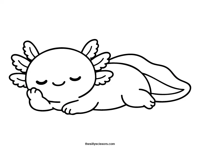 Cute axolotl sleeping side view coloring page.