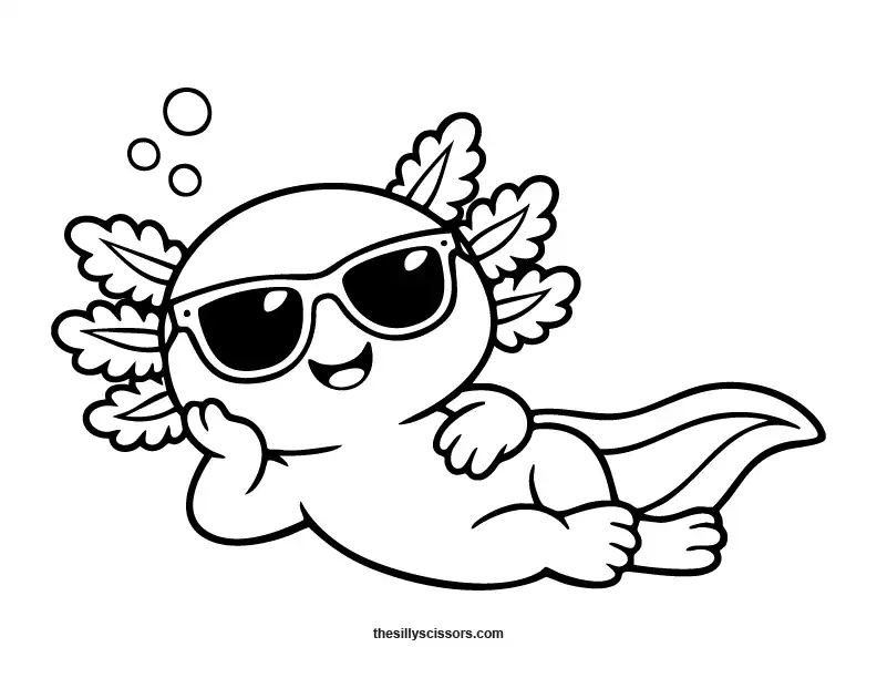 Cute axolotl wearing sunglasses coloring page.