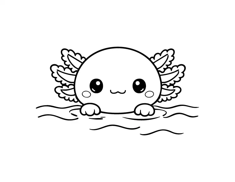 Cute axolotl swimming in water coloring page.