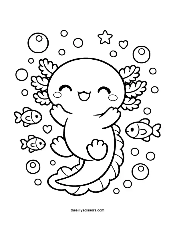 Cute axolotl swimming with bubbles coloring page.