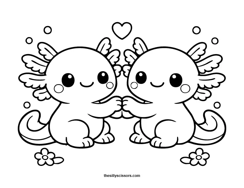 Cute axolotl with a friend coloring page.