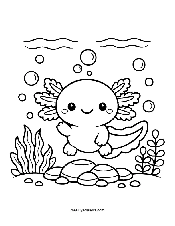 Cute axolotl underwater with plants coloring page.