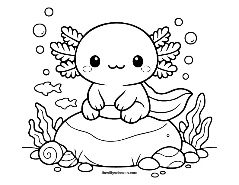 Cute axolotl underwater with rocks coloring page.