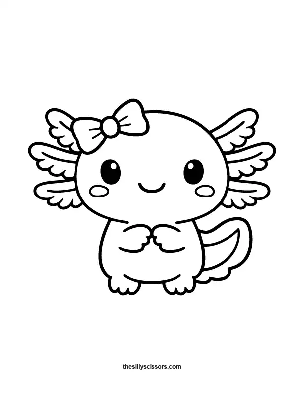 Cute axolotl with bow coloring page.