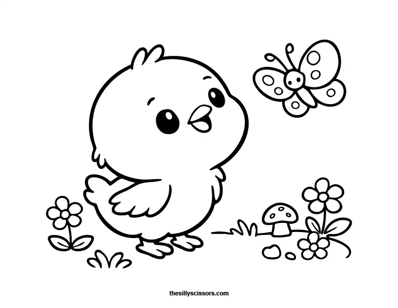 Baby chick in flowers Easter coloring page with simple black line art.