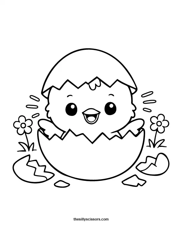 Chick hatching from egg Easter coloring page with simple black outlines.