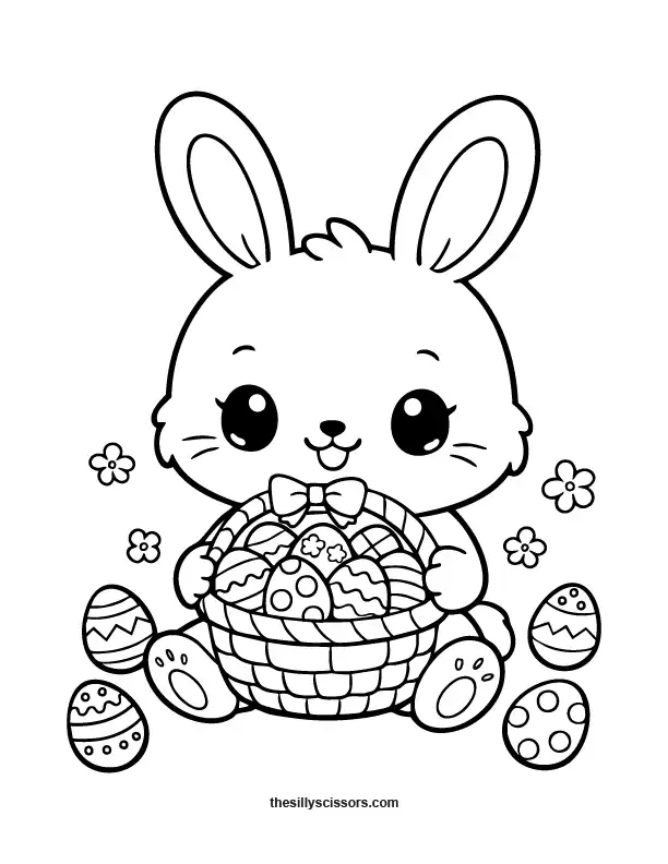cute bunny with basket and eggs easter coloring page