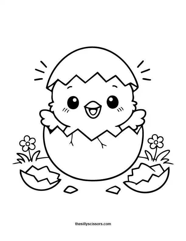 Cute chick hatching from an egg coloring page in black line art.
