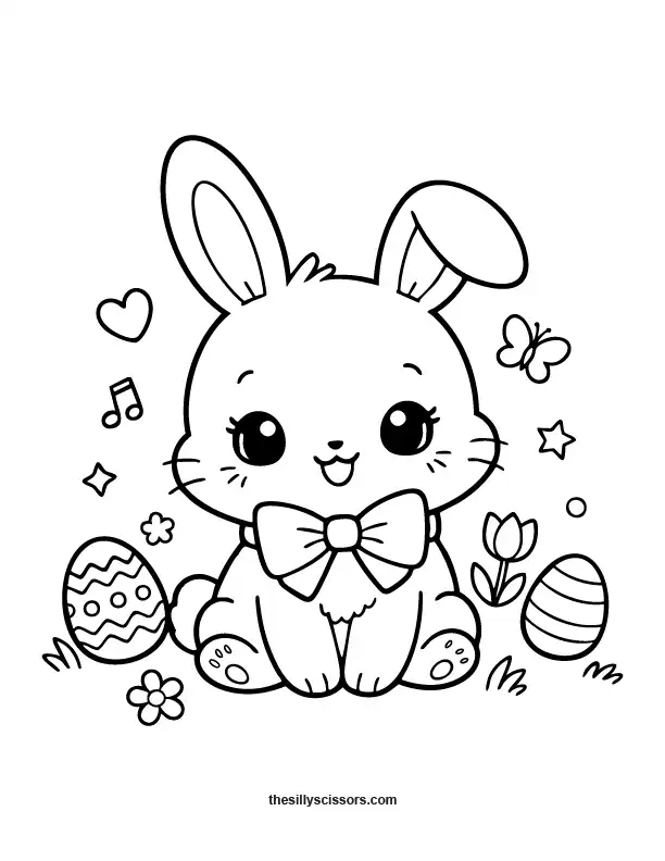 Cute Easter bunny with bow coloring page with simple black outlines for kids.