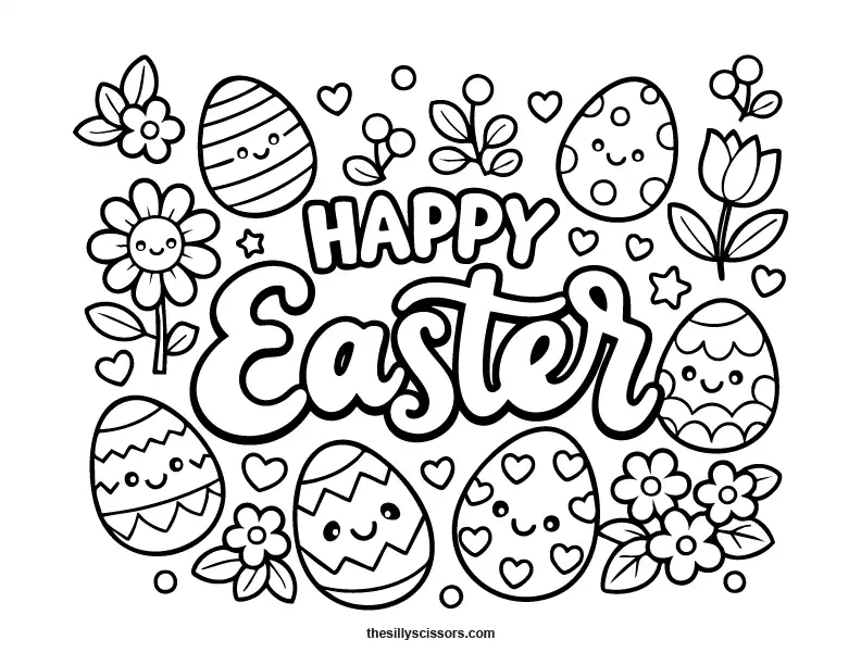 Cute Easter lettering with eggs coloring page in black line art.