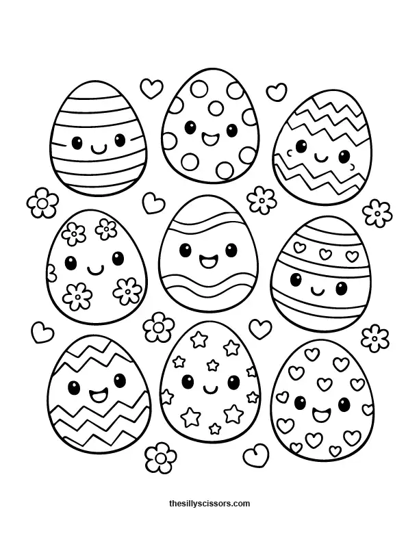Set of decorated Easter eggs coloring page with patterned black line art.