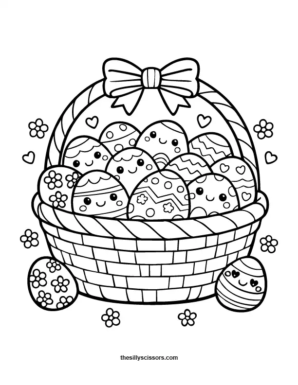 Easter basket full of decorated eggs coloring page in black line art.