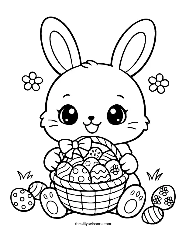 Cute Easter bunny holding a basket of decorated eggs coloring page in black line art.