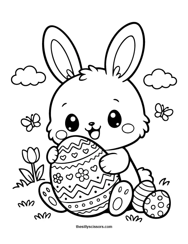 Easter bunny holding egg coloring page with simple black outlines.