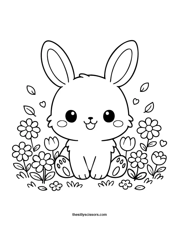 Easter bunny in flowers coloring page with simple spring details and black outlines.