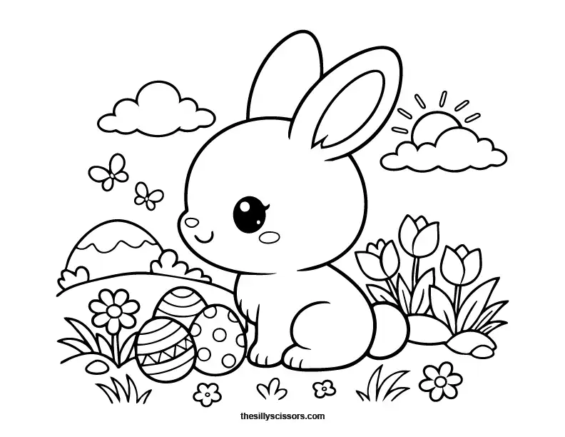 Easter bunny in spring scene coloring page with simple seasonal black line art.