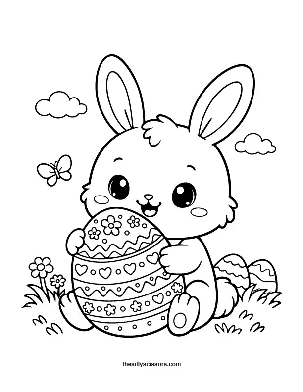 Easter bunny with big egg coloring page in black line art.