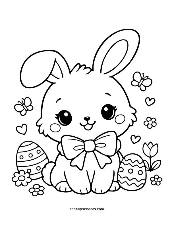 Cute Easter bunny with a bow coloring page in black line art.
