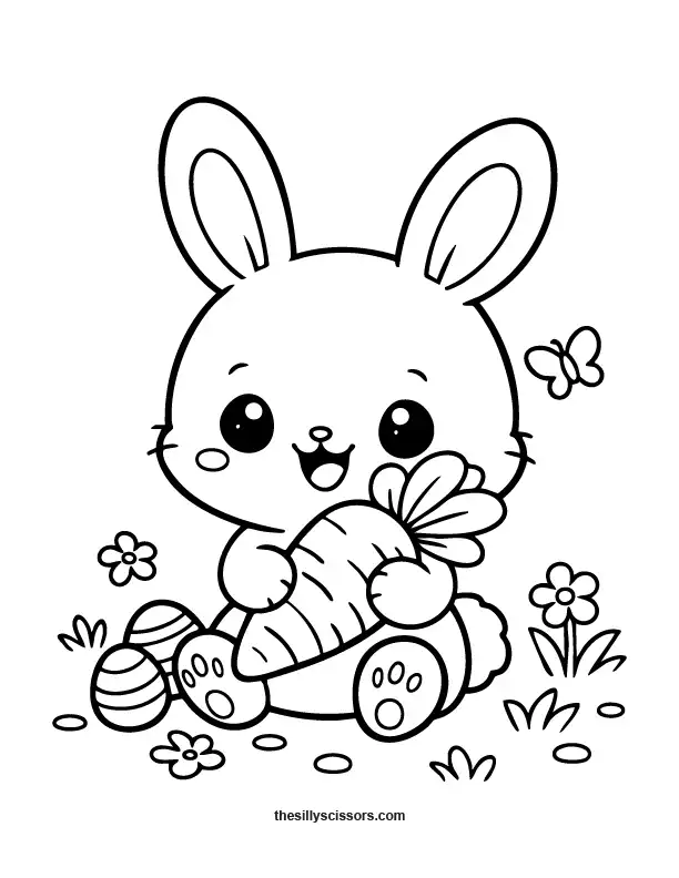 Easter bunny with carrot coloring page in black line art for kids.