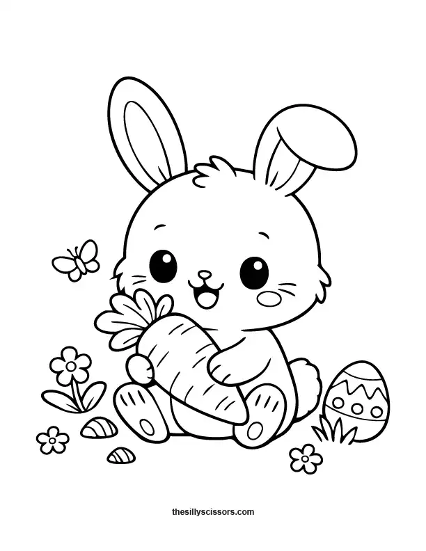 Sitting Easter bunny with carrot coloring page in black line art.