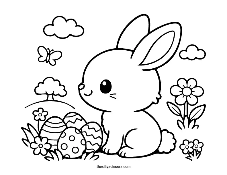 Easter bunny with eggs and flowers coloring page in detailed black line art.