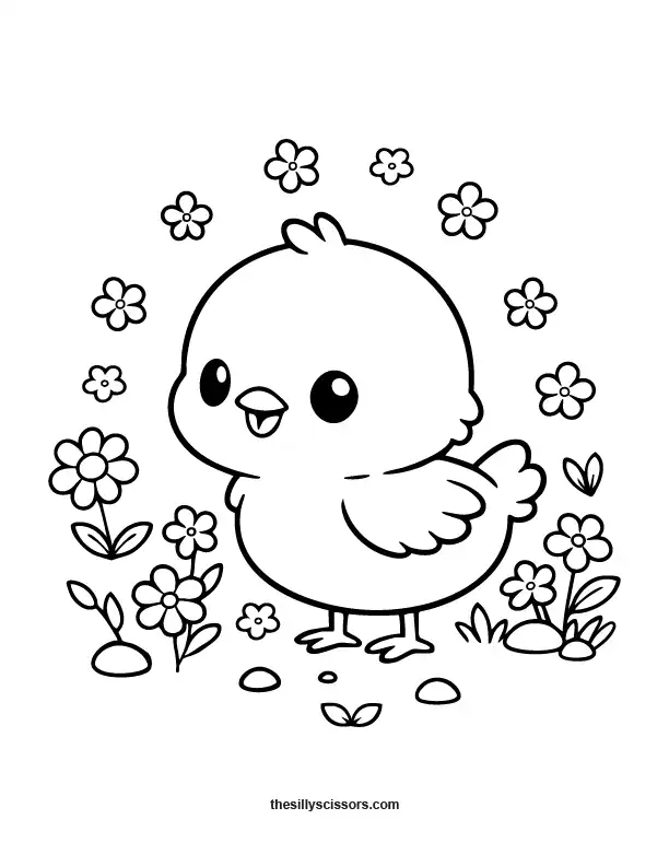 Easter chick in flowers coloring page with spring blossoms and black line art.