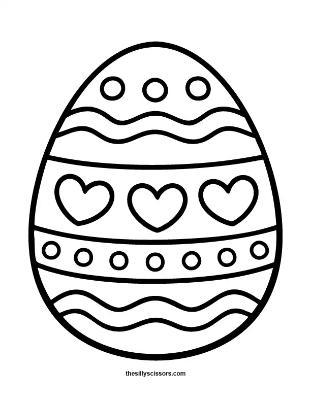Easter egg with hearts coloring page in black line art for kids.