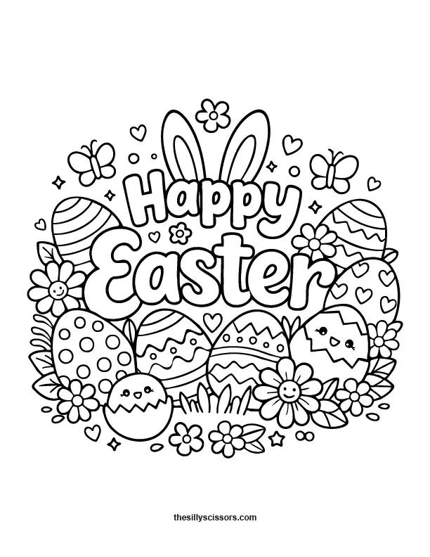 Happy Easter lettering coloring page with decorative spring details in black line art.