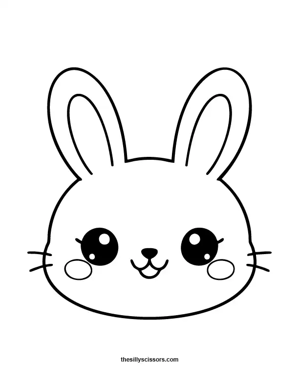 Kawaii Easter bunny face coloring page with big eyes and simple black outlines.