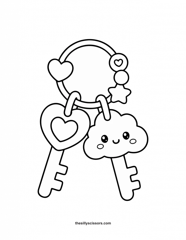 Kawaii heart and cloud keys hanging from a cute keychain ring coloring page.